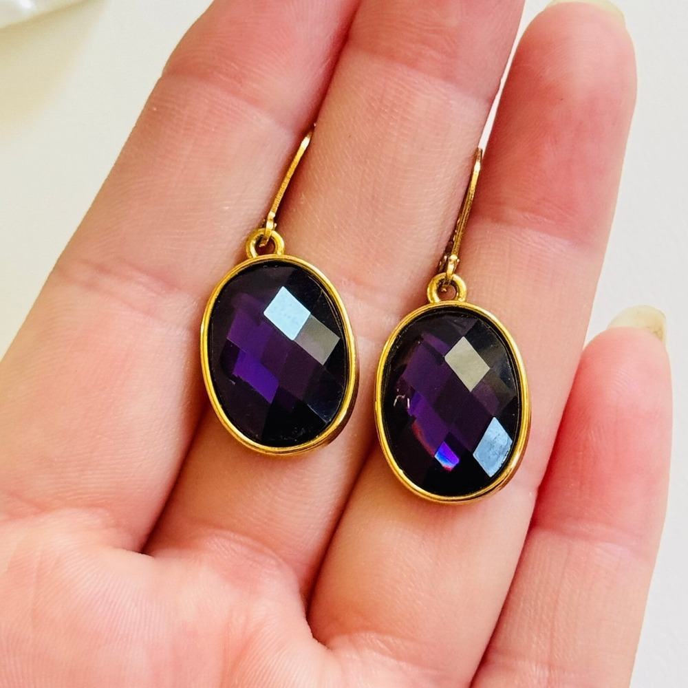 Joan Rivers Dangle Signed Earrings Pierced Regal Purple Gem Rhinestone VTG rare